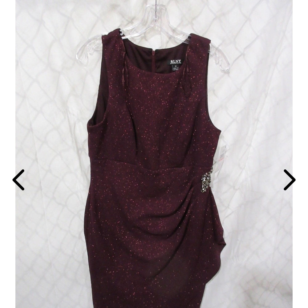 SLNY Deep Burgundy Glitter Midi Sheath Dress
